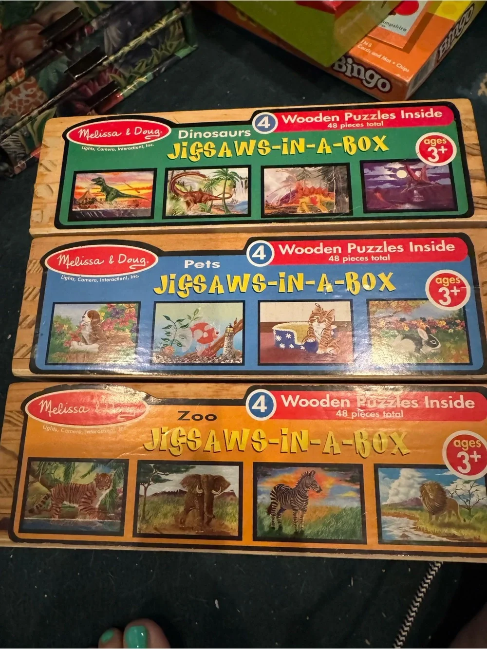 Melissa & Doug Kids Wooden Jigsaws-in-a-Box Puzzle Set - Blue/Green/Orange 3 box